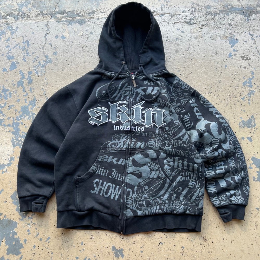 Skin Industries Zip Up Hoodie Mens Medium Black Y2K 2000s Thermal Lined Graphic